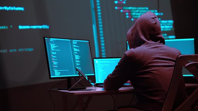 Hacker Analyzing Multiple Monitors Displaying Programming Code in a Digital Environment