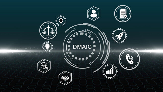 A glowing neon DMAIC concept surrounded by smaller icons for ai and manufacturing process management all connected in a digital circuit like pattern, manufacturing