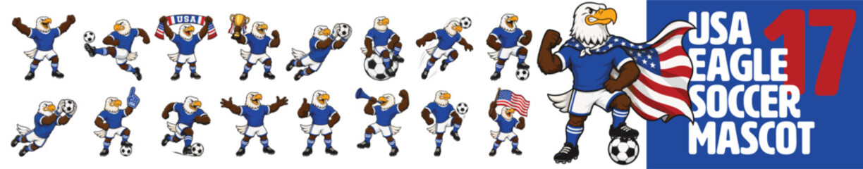 Naklejka premium Cartoon illustration bundle of usa american soccer eagle mascot in football sports poses