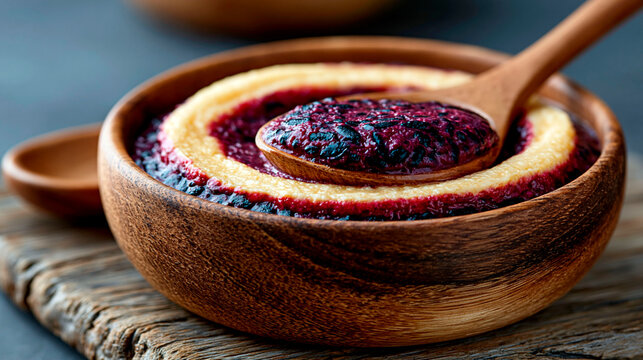 Blueberry porridge in wooden bowl with berry compote and spoon, rustic healthy breakfast served on a wooden table in close up food photography