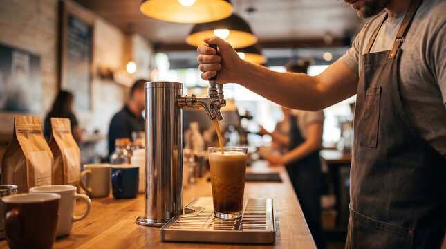 Barista pouring dark nitro coffee from tap into clear glass at counter