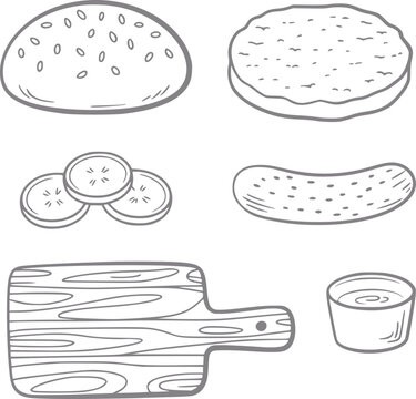 Hand-drawn burger ingredients and cutting board