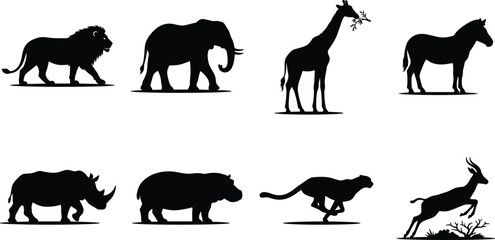 Fototapeta premium African Safari Animal Silhouette Vector Set Featuring Lion Elephant Giraffe Zebra Rhino Hippo Cheetah and Antelope