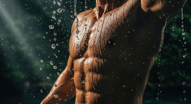 Muscular male torso under refreshing shower water with muscular