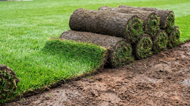 New grass sod rolls arranged on bare soil for lawn laying project on garden ground with green lawn background view.