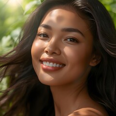 Fototapeta premium Young woman smiling outdoors with natural sunlight and green foliage background