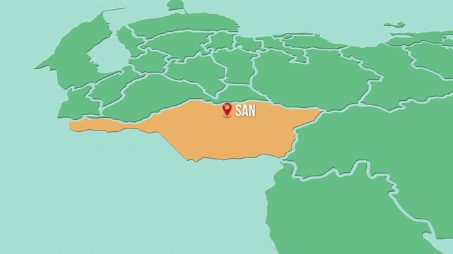 Mapa de Venezuela  con divisi&oacute;n pol&iacute;tica resaltando el estado Apure con su capital San Fernando