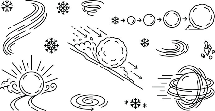 Snowball Effect Growth Progress and Winter Avalanche Weather Diagram Vector Icon Set