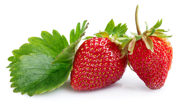 Fresh berry strawberry with green leaf. Fruity still life healthy food. Isolated on white background.