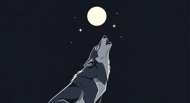 Stylized vector illustration of a wolf howling at the full moon in a dark starry night sky