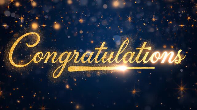 Golden Congratulations lettering surrounded by glowing particles and stars on a dark blue background
