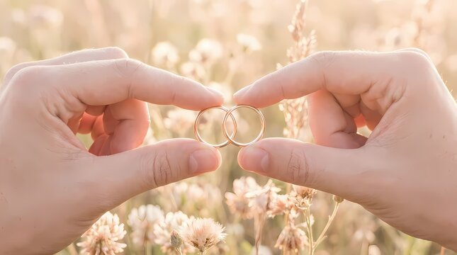 Two hands holding a pair of wedding rings in a field of flowers at sunset