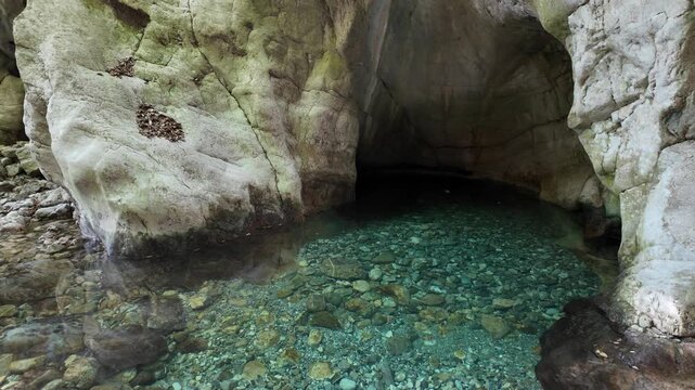 Resurgence of Sammaro River on a sunny summer day. Near Roscigno, in Cilento National Park, Campania, Italy