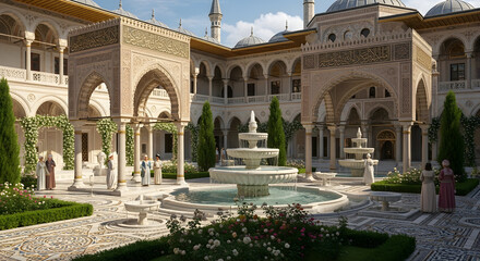 Fototapeta premium Elegant Courtyard with Historic Islamic Architecture and Central Fountain