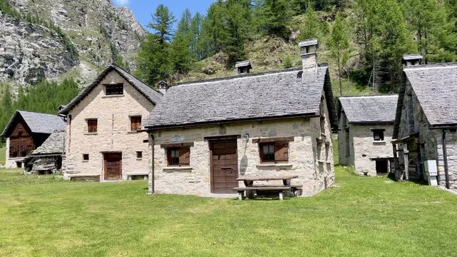 Panoramic view of the traditional hamlet Crampiolo in Parco Naturale Veglia-Devero, Val d'Ossola, Italy.