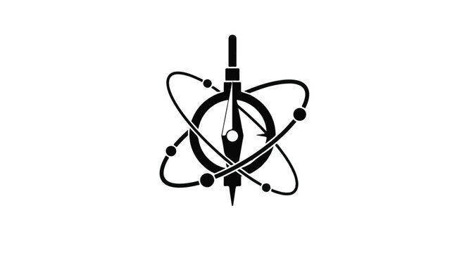 Compass tool surrounded by orbiting spheres illustrates scientific research methods.