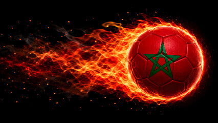 Naklejka premium A soccer ball featuring the Moroccan flag design, surrounded by intense, realistic fire and flames against a solid black background.