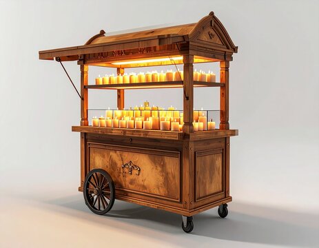 Wooden Display Cabinet Warm Lighting Marmelada Engraved Arched Top Shelves with Jars Mobile Design Traditional Craftsmanship Preserved Goods Stock Image 2026 2027 Trending SEO Top Ranking