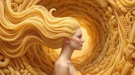 Fototapeta premium Profile of a lady with flowing noodle hair standing inside a swirling pasta tunnel. Artistic food concept featuring various types of macaroni and spaghetti.