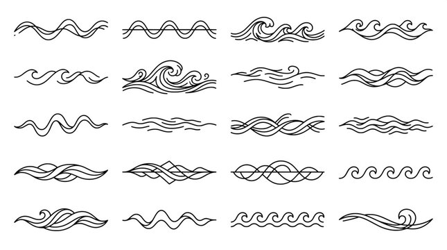 Set of black linear water waves and ocean ripple patterns vector illustration with abstract elements background minimalist ornament