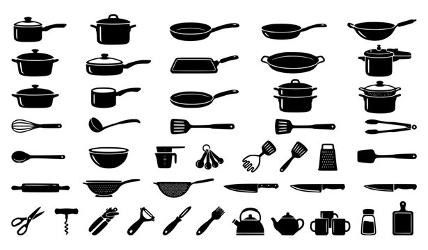 Kitchen cookware icons pots pans and cooking utensils vector collection