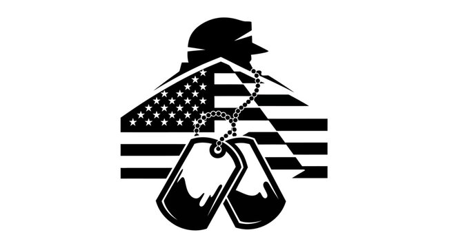 Patriotic soldier silhouette with american flag and dog tags symbolizing bravery and sacrifice
