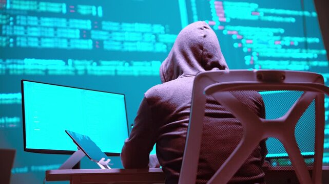 Hacker Programming at a Computer with Code on Screen in a Cybersecurity Environment