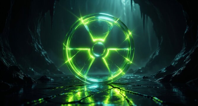 Neon Green Radiation Symbol Glows in Dark Cave Environment