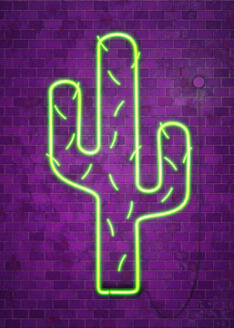 Cactus in green neon style agains a purple brick wall. Desert plant, catus thorn, cactus neon style.