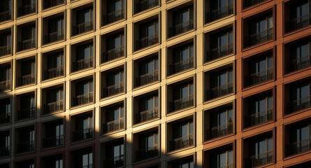 Obraz premium Modern apartment building facade bathed in warm golden hour light, showcasing repeating balcony patterns and architectural symmetry.