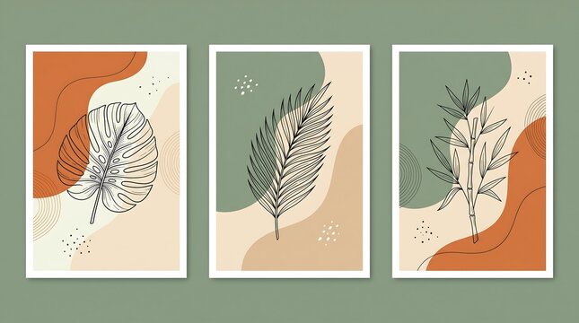 Three framed minimalist wall art prints displaying tropical botanical line drawings layered over abstract terracotta and sage green shapes against a sage background.