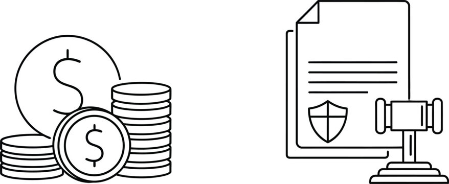 Money stack with contract and gavel icon