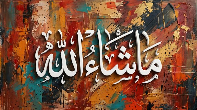 Beautiful sacred Islamic calligraphy print from image_81ed03.png displaying white Mashallah script overlaying rich textured abstract oil painting background with vibrant warm colors