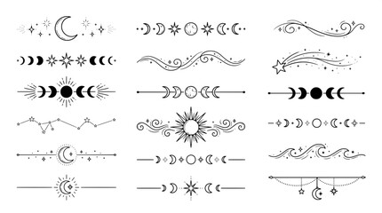 Set of celestial cosmic dividers and moon phase decorative borders with hand drawn celestial astronomy illustration astrology © Kazi Imrul Kayes