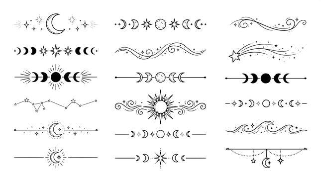 Set of celestial cosmic dividers and moon phase decorative borders with hand drawn celestial astronomy illustration astrology