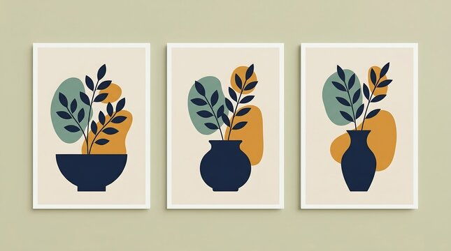 Elegant minimalist botanical triptych wall art print set from image_81e8e4.png showcasing dark blue ceramic pottery vases with leafy branches over abstract organic shapes