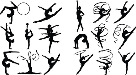 Obraz premium Silhouette illustration of rhythmic gymnasts with hoops, ribbons, and balls, highlighting flexibility, balance, and artistic performance