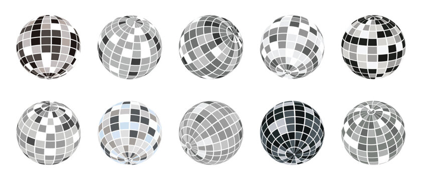 Disco ball icon set planter mirror design. Set of shimmering disco ball icons with mirror tile patterns for night club party celebrations. Vector illustration