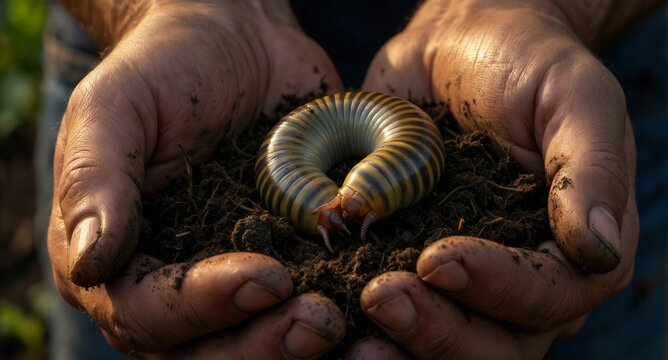 Gentle hands cradle a vibrant, segmented millipede nestled in rich, dark soil under warm, natural light.
