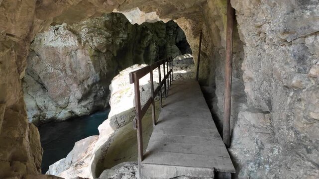 Resurgence of Sammaro River on a sunny summer day. Near Roscigno, in Cilento National Park, Campania, Italy