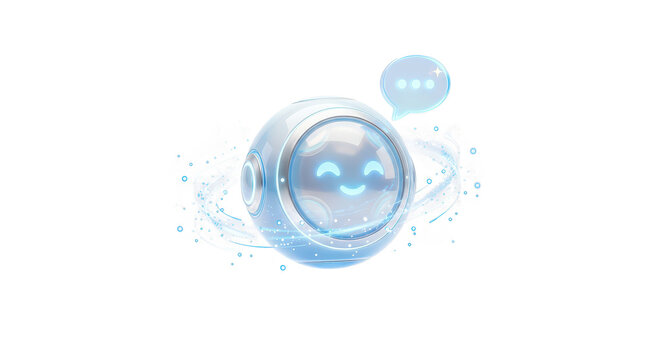 A smiling, futuristic robot face inside a spherical device with a glowing chat bubble and orbiting rings, conveying communication and friendly AI interaction.