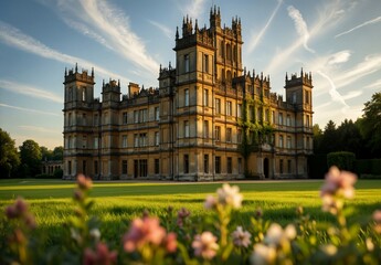Fototapeta premium Elegant Gothic Revival Manor House at Sunset, Surrounded by Lush Green Lawn and Blooming Flowers