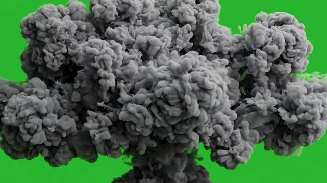  thick gray smoke cloud expanding on green screen for explosion aftermath, dust, fog, disaster, transition and VFX overlays.