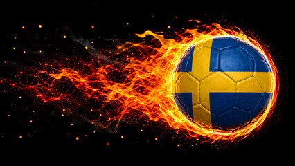 Naklejka premium A high-energy image of a soccer ball decorated with the blue and yellow flag of Sweden, surrounded by intense, realistic fire and sparks against a black background.