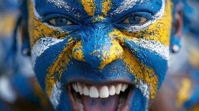 Extreme closeup of a Cura&Atilde;&sect;ao football fans face brightly painted in blue yellow and white showcasing passionate support with a wide joyful grin.