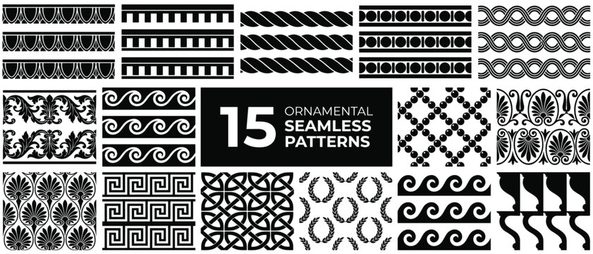 Greek Ornamental Seamless Pattern Set 15 Decorative Border Tile Vector Black White Classical Antique Repeat Texture Design Template