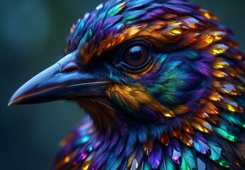 Fototapeta premium Vibrant, iridescent bird with shimmering rainbow feathers in a close-up portrait