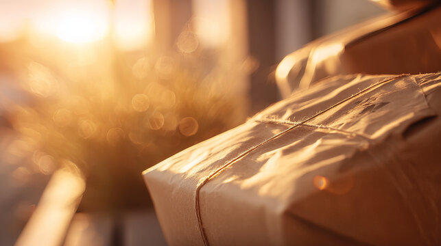 Closeup of a cardboard parcel wrapped in brown paper and string, bathed in warm golden sunlight. The soft focus background creates a cozy, inviting atmosphere for delivery themes