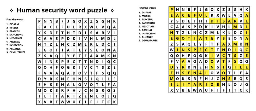 Human security word puzzle educational activity worksheet printable