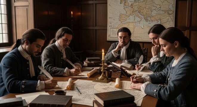 Historical scholars collaborating in a candlelit study